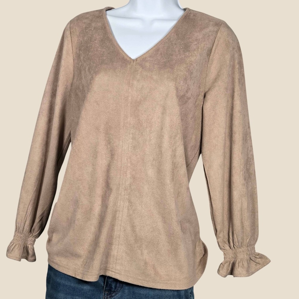 Joh Womens Small V-Neck Abigail Faux Suede Top Tan Ruffle Cuff Sleeve Neutral